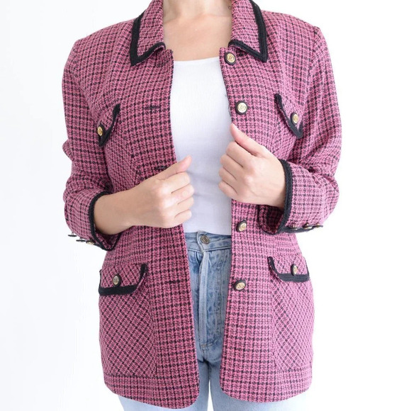 Vintage Petite Sophisticate Pink Houndstooth Button Up Blazer 14 - Picture 3 of 13